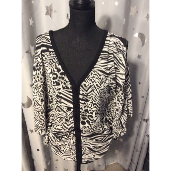 Vintage Guess Zebra Print Sheer Cold Shoulder bat wing sleeves Medium M - Picture 1 of 7